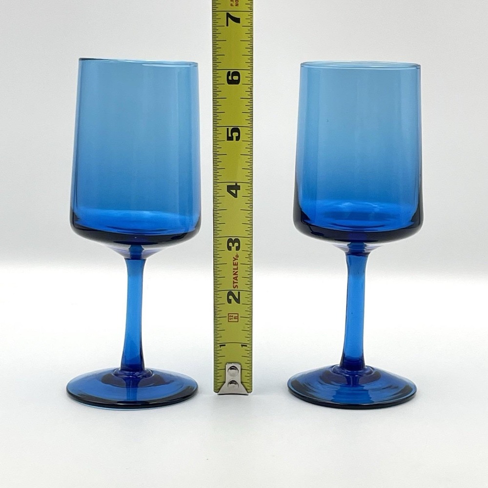 Vintage Cobalt Blue Hand Blown Wine Glasses Set of 2 6 1/8" Stemware